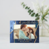 Modernes Gold Blue Agate FOTO Save the Date Postkarte (Stehend Vorderseite)
