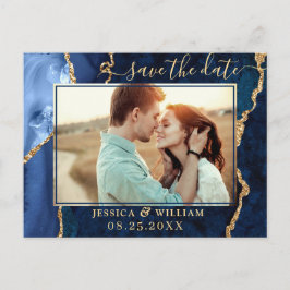 Modernes Gold Blue Agate FOTO Save the Date Postkarte