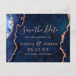 Modernes Gold Blue Agate Wedding rettet das Datum Postkarte