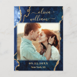 Modernes Gold Blue Marble Agate FOTO Save the Date Postkarte
