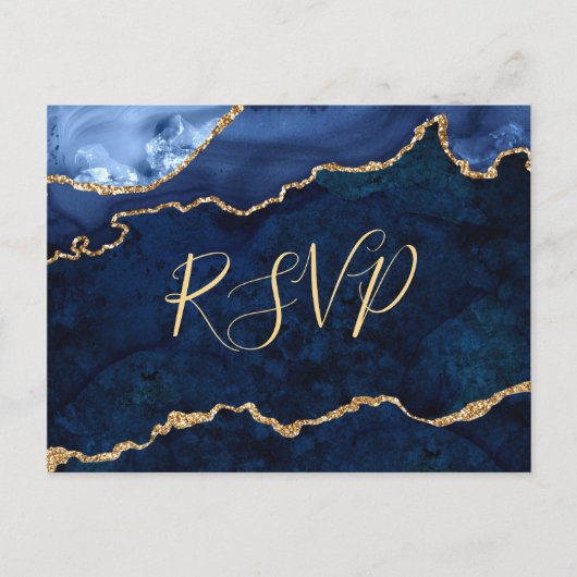 Modernes Gold Blue Marble Agate Wedding RSVP Einladungspostkarte (Vorderseite)