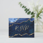 Modernes Gold Blue Marble Agate Wedding RSVP Einladungspostkarte (Stehend Vorderseite)
