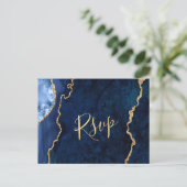 Modernes Gold Blue Marble Agate Wedding RSVP Postkarte (Stehend Vorderseite)