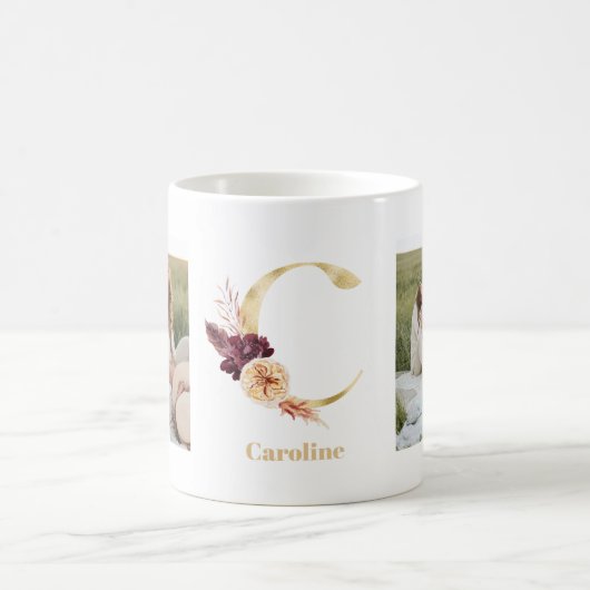 Modernes Gold Blume Letter C | Monogramm für zwei Kaffeetasse (Mittel)