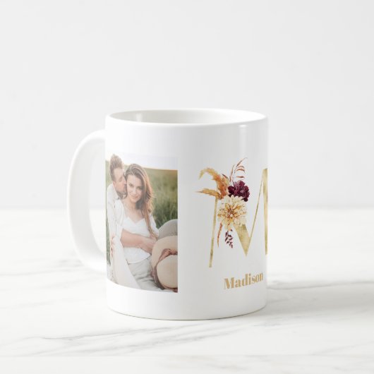 Modernes Gold Blume Letter M | Monogramm für zwei  Kaffeetasse (Vorderseite Links)