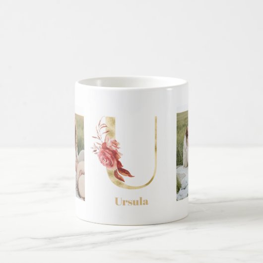 Modernes Gold Blume Letter U | Monogramm für zwei Kaffeetasse (Mittel)