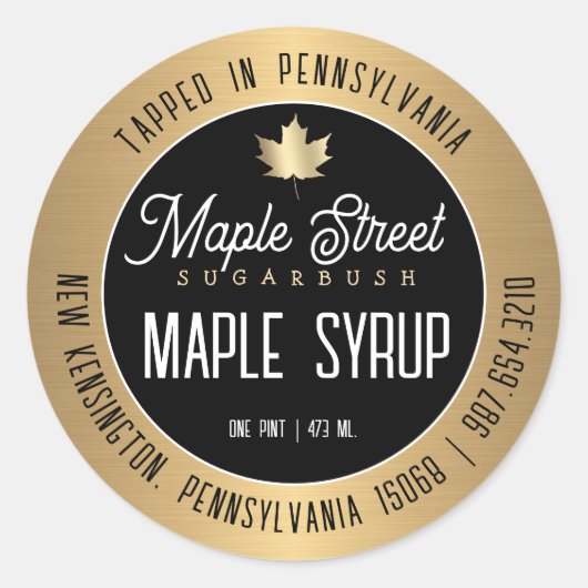 Modernes Gold-Border- und Leaf-Sirup-Label Runder Aufkleber (Vorderseite)