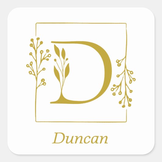 Modernes Gold Botanic Letter D Square Sticker (Vorderseite)