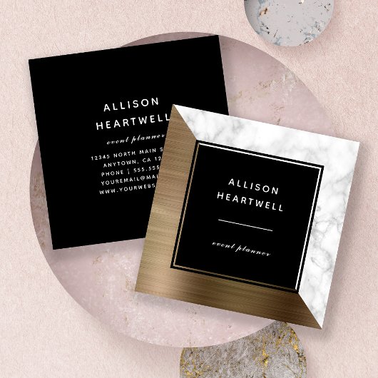 Modernes Gold-Brushed Metal Weißer Marmor Schwarz Quadratische Visitenkarte