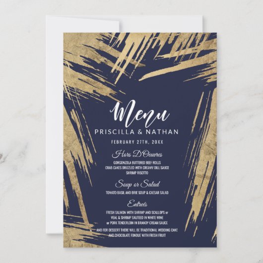 Modernes Gold Brushstrokes Navy Blue Wedding Menu Einladung (Vorderseite)