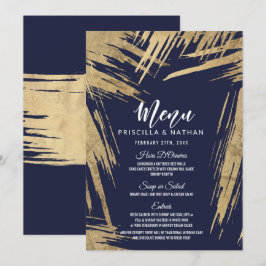 Modernes Gold Brushstrokes Navy Blue Wedding Menu Einladung