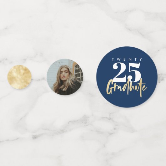 Modernes Gold Calligraphy Foto Blue Abschluss Konfetti (Vorderseiten)