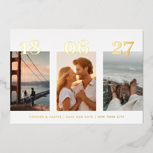 Modernes GOLD DATE VIER Foto Save the Date Folieneinladung (Vorderseite)