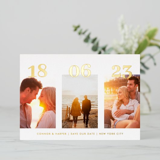 Modernes GOLD DATUM Drei Foto QR CODE Save the Dat Folieneinladung (Stehend vorne)