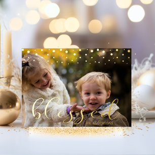 Modernes Gold Family BLESSESED Weihnachts-Foto Folien Feiertagskarte