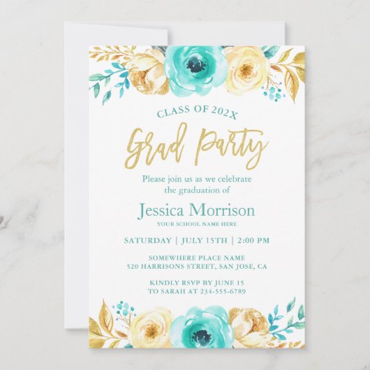 Modernes Gold Floral Girly Graduation Party Foto Einladung (Vorderseite)