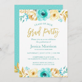 Modernes Gold Floral Girly Graduation Party Foto Einladung