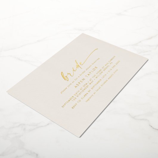 Modernes Gold Foil Script Ivory Bride Brautparty Folieneinladung (Gedreht)