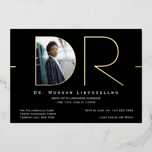 Modernes Gold Foto DR Abschluss Foil Einladung (Vorderseite)