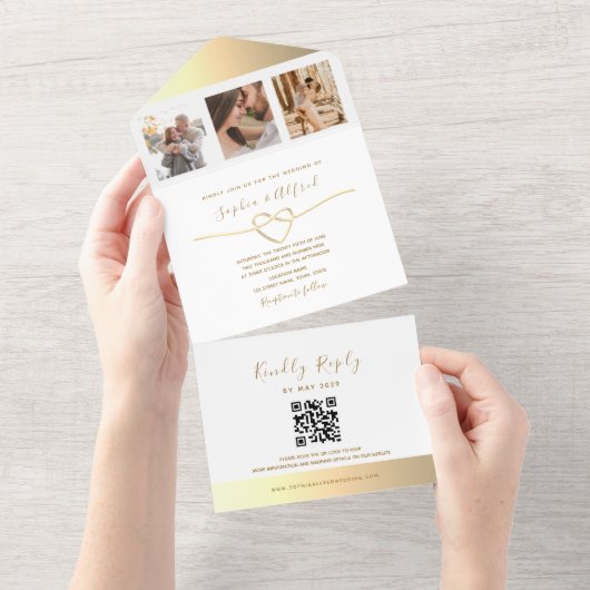 Modernes Gold Foto QR Code Hochzeit All In One Einladung (Abreißen)