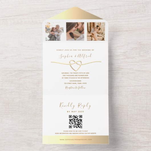 Modernes Gold Foto QR Code Hochzeit All In One Einladung (Innen Boden)