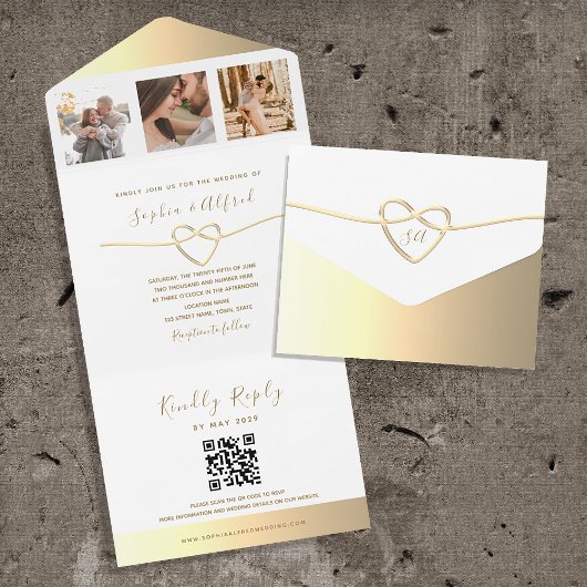 Modernes Gold Foto QR Code Hochzeit All In One Einladung