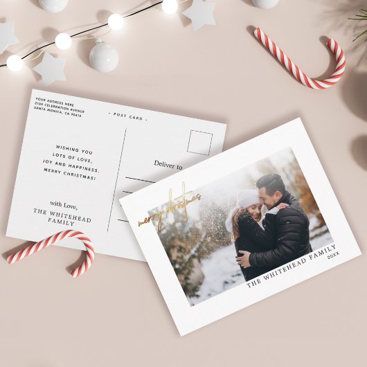 Modernes Gold Frohe Weihnachtsbriefe Foto Weiß Postkarte