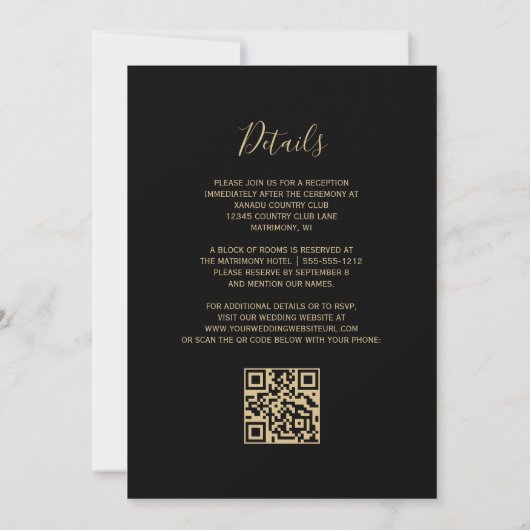 Modernes Gold Glitzer Black QR Code Hochzeit Einladung (Rückseite)