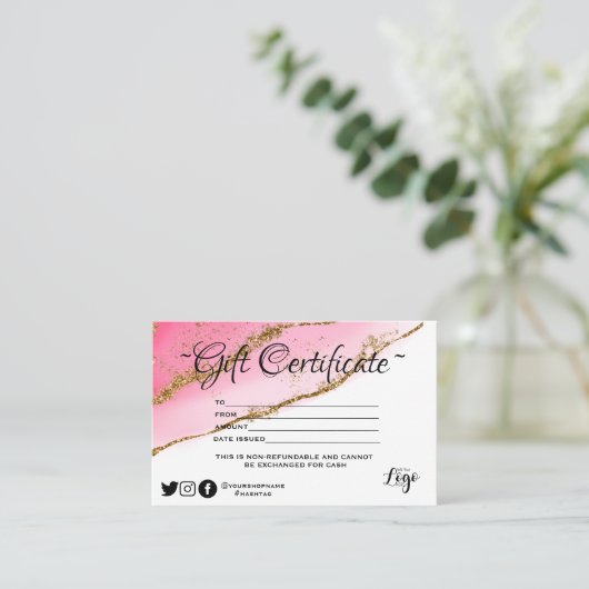 Modernes Gold Glitzer Geschenkzertifikat Visitenkarte (Stehend Vorderseite)