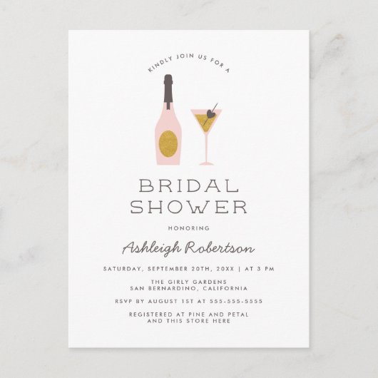 Modernes Gold Glitzer & Pink Cocktails Brautparty Einladungspostkarte (Vorderseite)