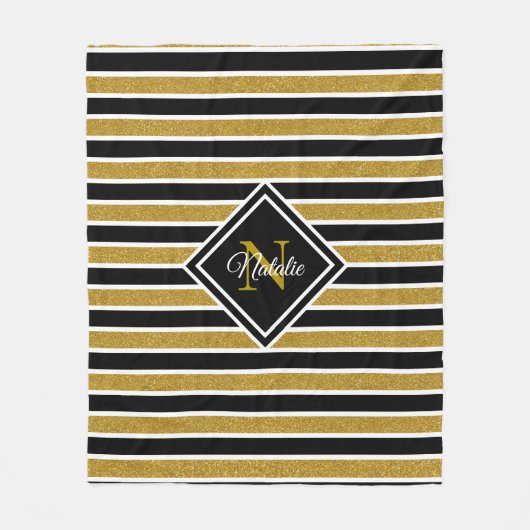 Modernes Gold Glitzer Schwarz-weiß Stripes Monogra Fleecedecke (Vorderseite)