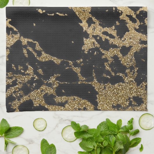 Modernes Gold Glitzer Schwarzes Marmor Handtuch (Gefaltet)
