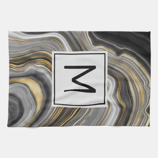 Modernes Gold & Gray Agate Geode Mineral Monogram Geschirrtuch (Horizontal)