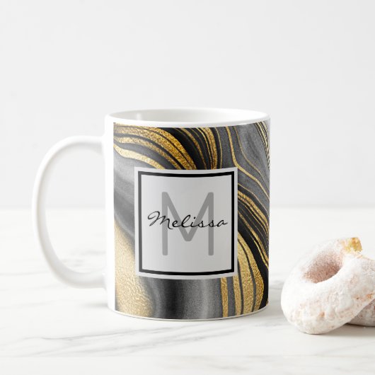 Modernes Gold & Gray Agate Geode Mineral Monogram Kaffeetasse (Mit Donut)