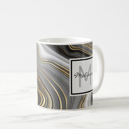 Modernes Gold & Gray Agate Geode Mineral Monogram Kaffeetasse (VorderseiteRechts)
