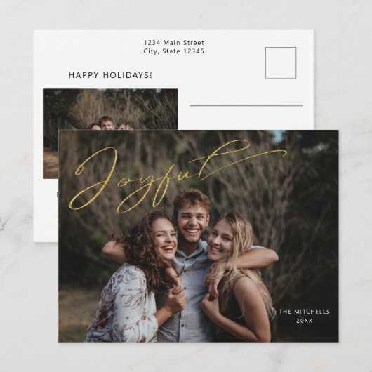 Modernes Gold Joyful Calligraphy Script-Foto Postkarte (Vorne/Hinten)