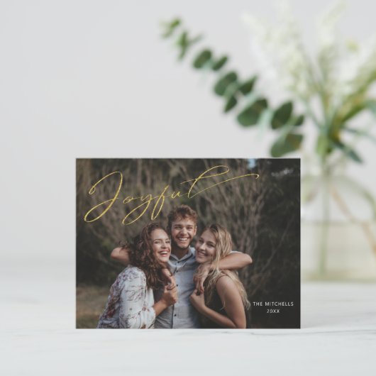 Modernes Gold Joyful Calligraphy Script-Foto Postkarte (Stehend Vorderseite)