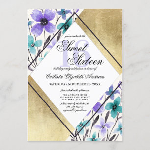Modernes Gold Lila Aquamarine Blume Wasserfarbe Sü Einladung