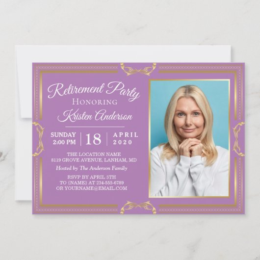 Modernes Gold Lila Foto Retirement Party Einladung (Vorderseite)