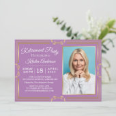 Modernes Gold Lila Foto Retirement Party Einladung (Stehend Vorderseite)