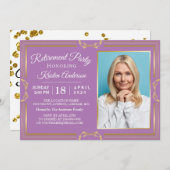 Modernes Gold Lila Foto Retirement Party Einladung (Vorne/Hinten)