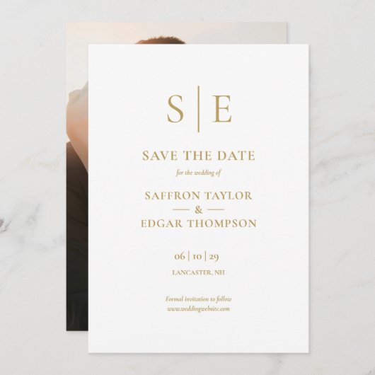 Modernes Gold Monogram Foto Wedding Save The Date (Vorne/Hinten)