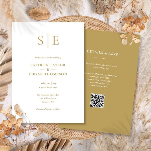 Modernes Gold Monogram QR Code Wedding Einladung