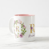 Modernes Gold Monogram R Aquarellblumendraht Zweifarbige Tasse (Vorderseite Links)