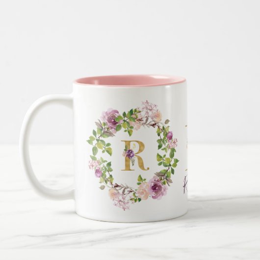 Modernes Gold Monogram R Aquarellblumendraht Zweifarbige Tasse (Links)