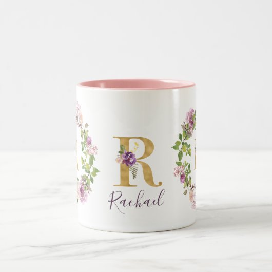 Modernes Gold Monogram R Aquarellblumendraht Zweifarbige Tasse (Mittel)