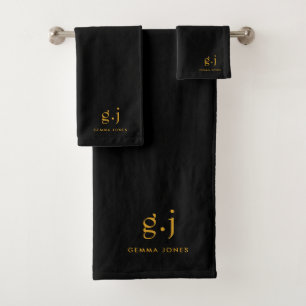 Modernes Gold Monogramm auf schwarz Badhandtuch Set