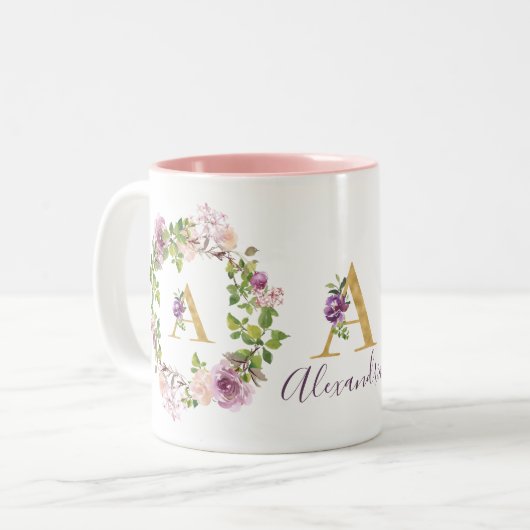 Modernes Gold Monogramm - Blumenkraut Zweifarbige Tasse (Vorderseite Links)