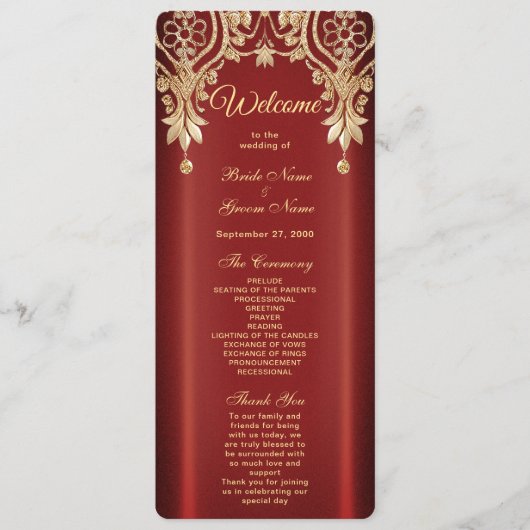 Modernes Gold Red Floral Wedding Programm (Vorderseite)