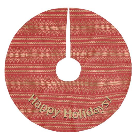 Modernes Gold Red Pattern Persönliche Nachricht hi Polyester Weihnachtsbaumdecke (Vorderseite)